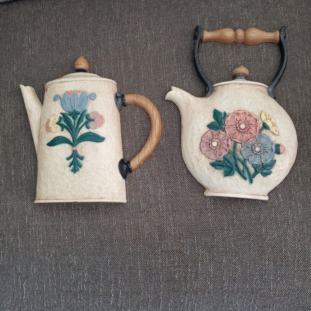 Vintage Home Interiors Teapot Pitcher Hanging Wall Art Flowers Handles  1990s